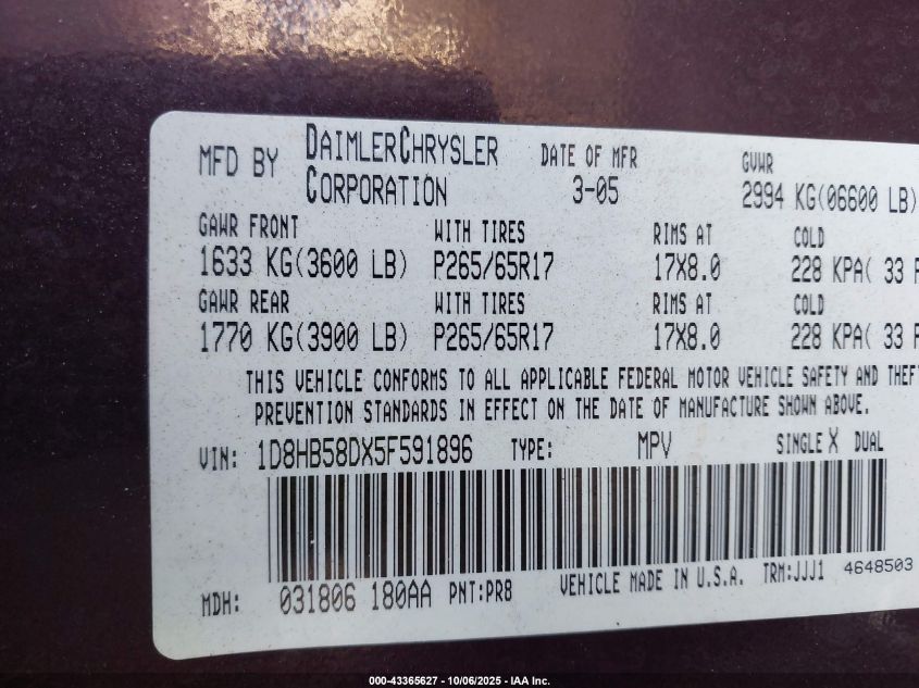 2005 Dodge Durango Slt VIN: 1D4HB48D35F617427 Lot: 43365627