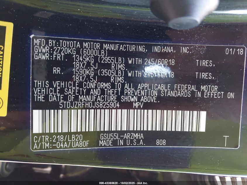 2018 Toyota Highlander Xle VIN: 5TDJZRFH0JS825904 Lot: 43365628