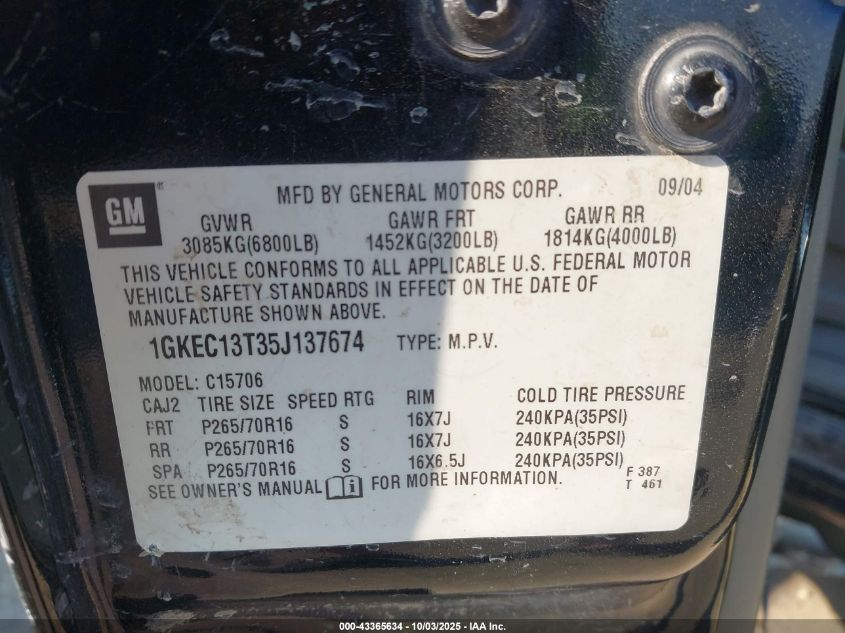2005 GMC Yukon Sle VIN: 1GKEC13T35J137674 Lot: 43365634