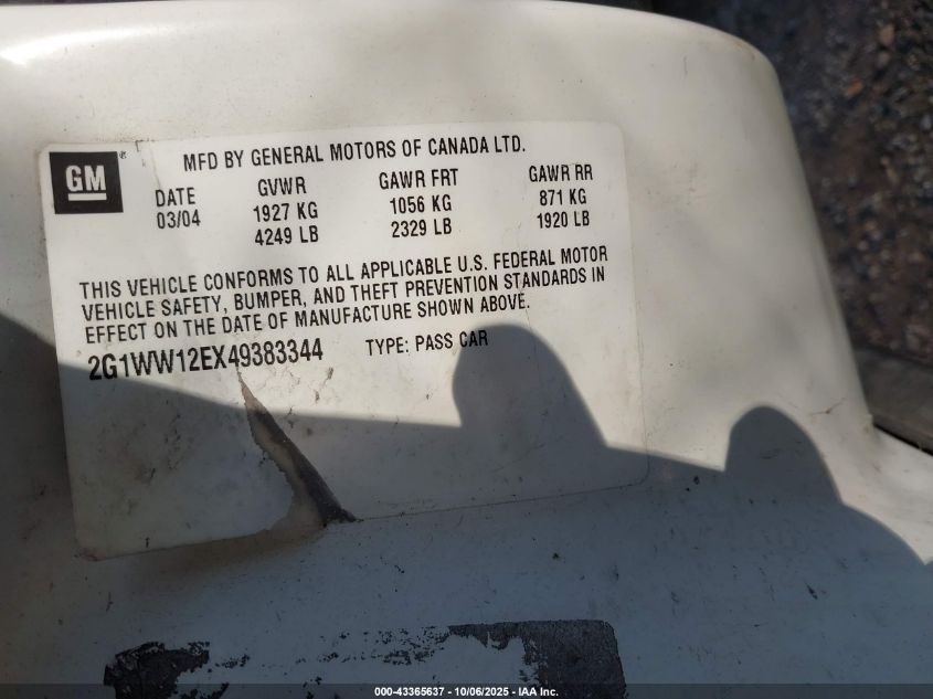 2004 Chevrolet Monte Carlo Ls VIN: 2G1WW12EX49383344 Lot: 43365637