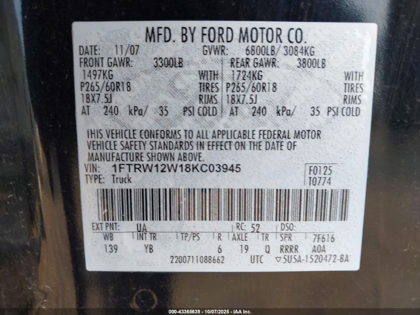 2008 Ford F-150 60Th Anniversary/Fx2/Xl/Xlt VIN: 1FTRW12W18KC03945 Lot: 43365639