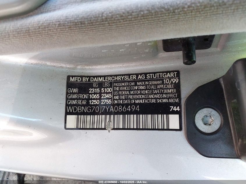 2000 Mercedes-Benz S 430 VIN: WDBNG70J7YA086494 Lot: 43365650