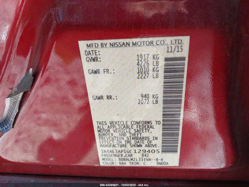 2016 NISSAN ALTIMA 2.5 SV - 1N4AL3AP1GC129405