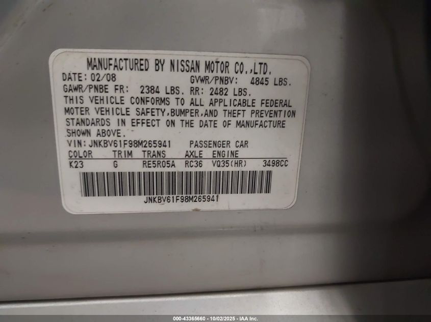 2008 Infiniti G35X VIN: JNKBV61F98M265941 Lot: 43365660