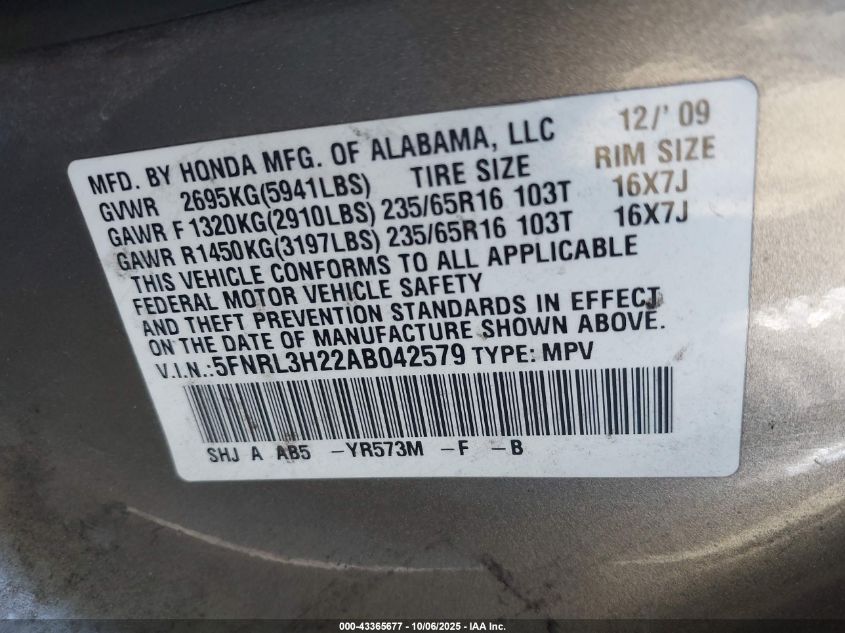 2010 Honda Odyssey Lx VIN: 5FNRL3H22AB042579 Lot: 43365677