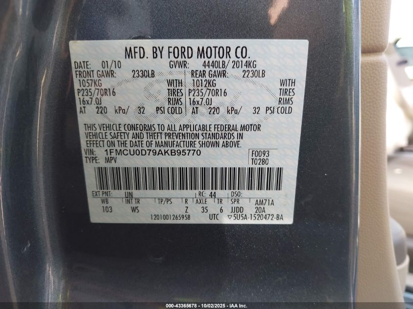 2010 Ford Escape Xlt VIN: 1FMCU0D79AKB95770 Lot: 43365678