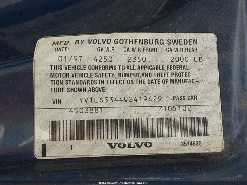 1998 Volvo S70 T5 VIN: YV1LS5344W2419429 Lot: 43365681