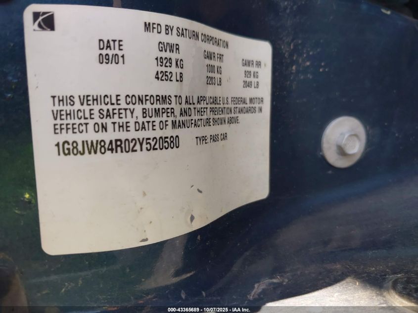 2002 Saturn L-Series Lw300 VIN: 1G8JW84R02Y520580 Lot: 43365689