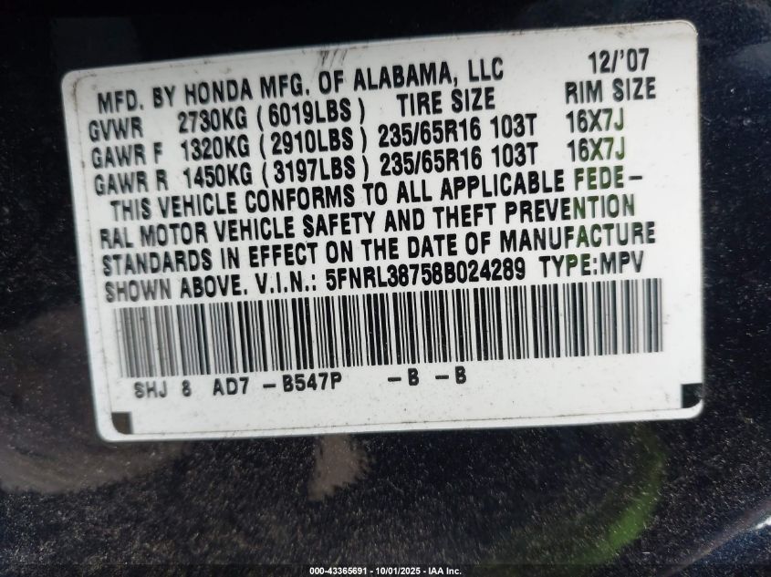 2008 Honda Odyssey Ex-L VIN: 5FNRL38758B024289 Lot: 43365691