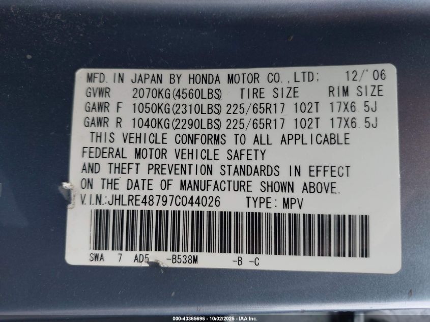 2007 Honda Cr-V Ex-L VIN: JHLRE48797C044026 Lot: 43365696