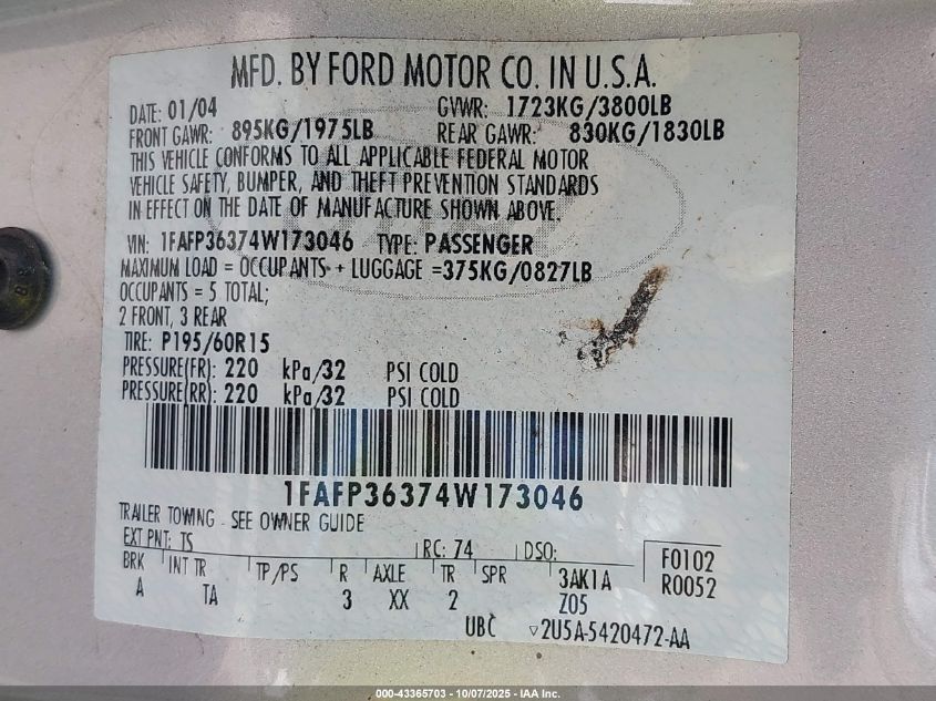 2004 Ford Focus Se VIN: 1FAFP36374W173046 Lot: 43365703