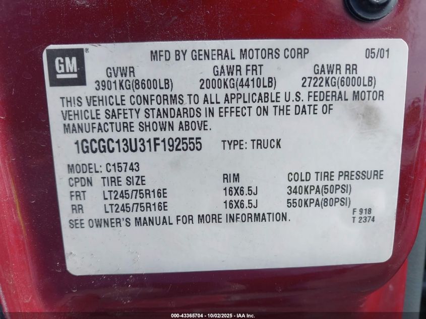 2001 Chevrolet Silverado 1500Hd Ls VIN: 1GCGC13U31F192555 Lot: 43365704