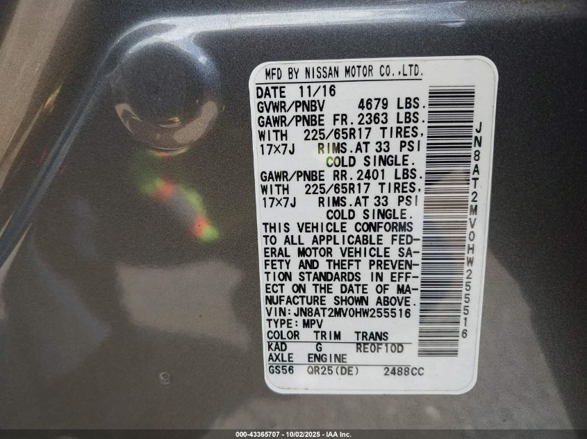 2017 Nissan Rogue Sv VIN: JN8AT2MV0HW255516 Lot: 43365707