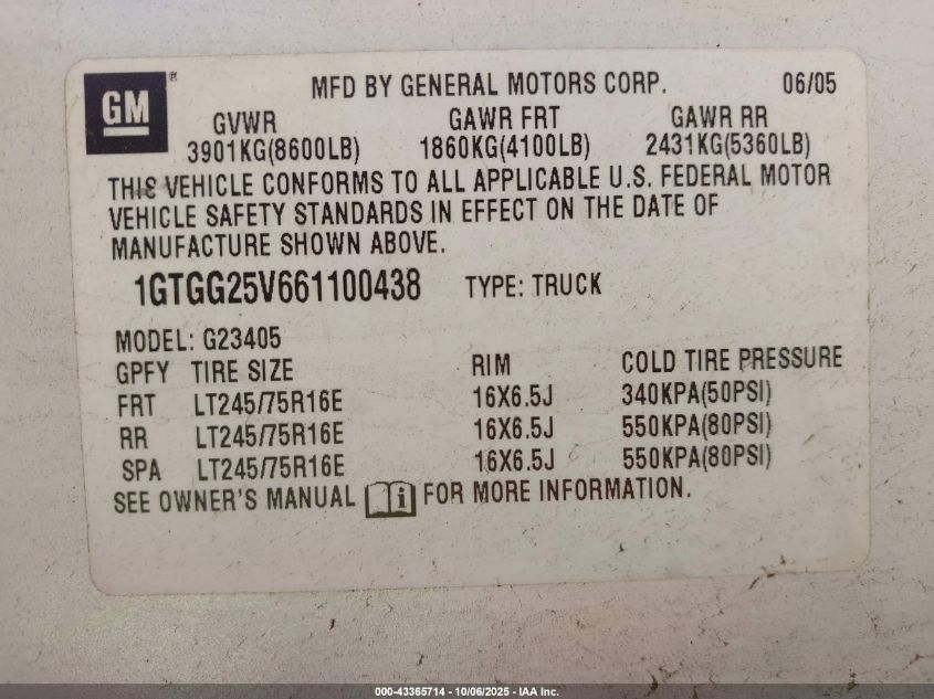 2006 GMC Savana Work Van VIN: 1GTGG25V661100438 Lot: 43365714