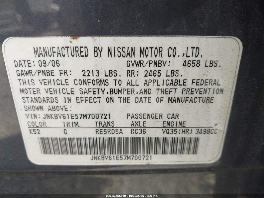 2007 Infiniti G35 Sport VIN: JNKBV61E57M700721 Lot: 43365719