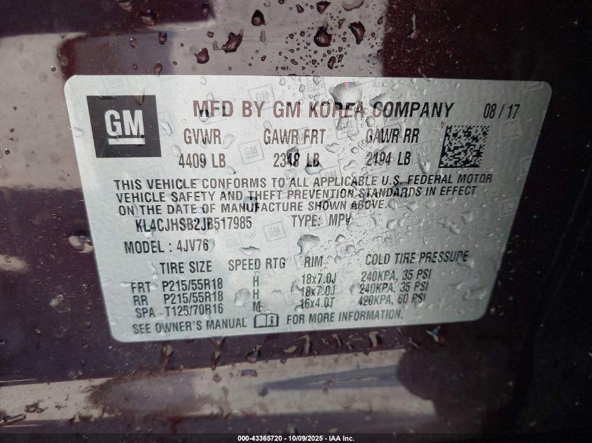 2018 Buick Encore Premium VIN: KL4CJHSB2JB517985 Lot: 43365720