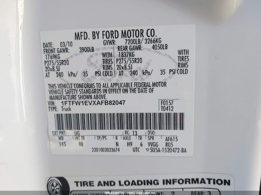 2010 Ford F-150 Fx4/Harley-Davidson/King Ranch/Lariat/Platinum/Xl/Xlt VIN: 1FTFW1EVXAFB82047 Lot: 43365722