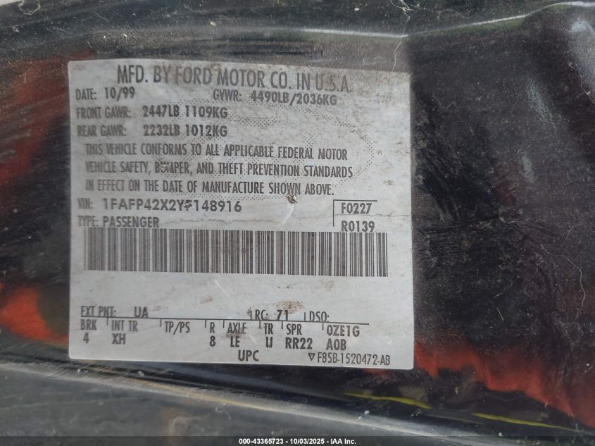 2000 Ford Mustang Gt VIN: 1FAFP42X2YF148916 Lot: 43365723