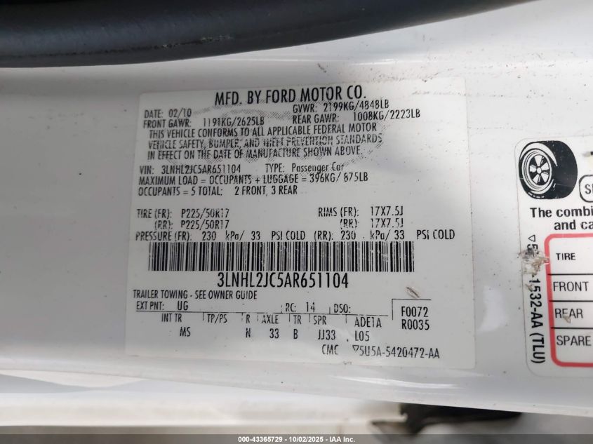 2010 Lincoln Mkz VIN: 3LNHL2JC5AR651104 Lot: 43365729