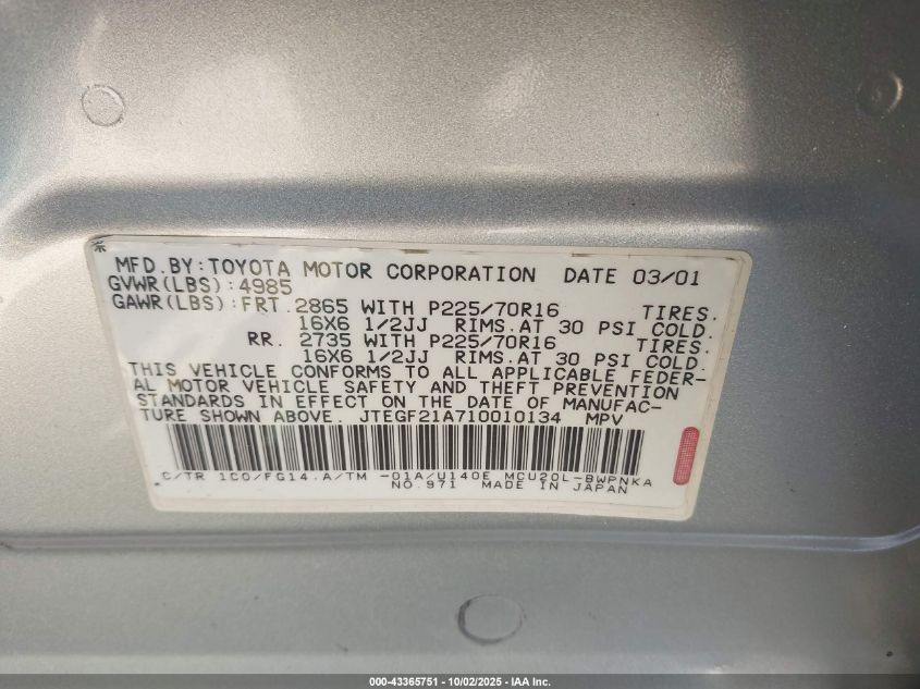 2001 Toyota Highlander V6 VIN: JTEGF21A710010134 Lot: 43365751