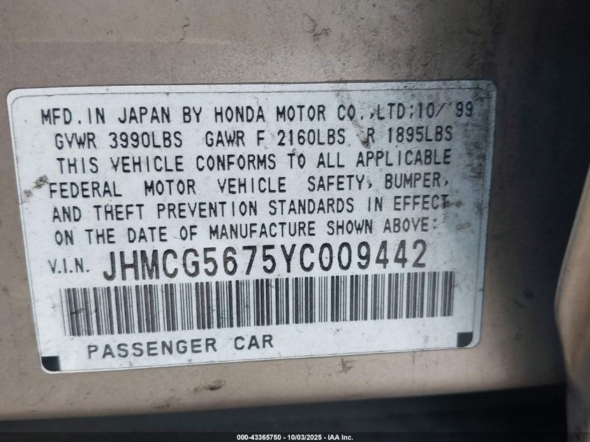 2000 Honda Accord 2.3 Se VIN: JHMCG5675YC009442 Lot: 43365750