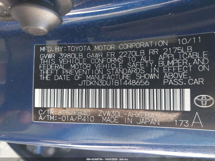 2011 Toyota Prius Three VIN: JTDKN3DU1B1448656 Lot: 43365754