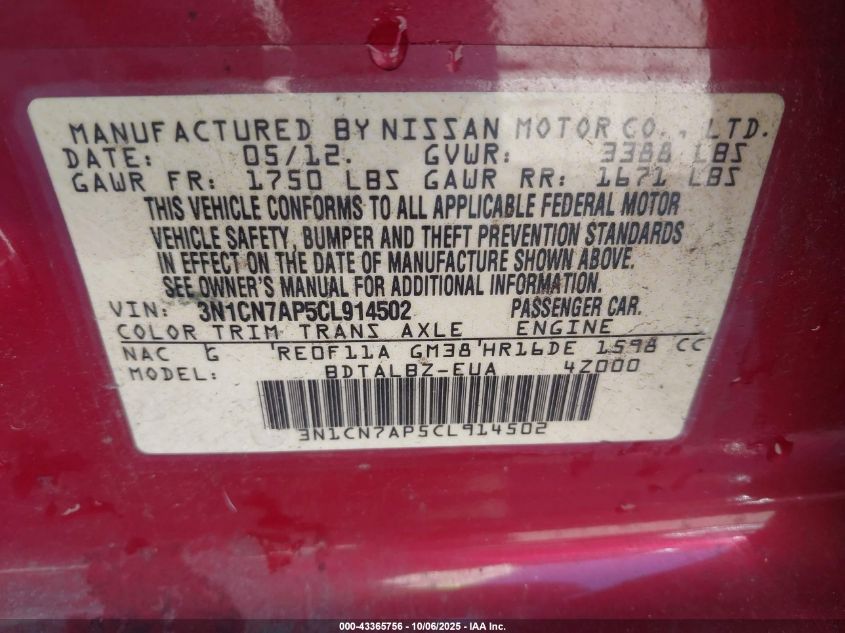 2012 Nissan Versa 1.6 Sv VIN: 3N1CN7AP5CL914502 Lot: 43365756