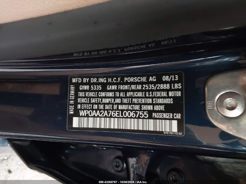 2014 Porsche Panamera 4 VIN: WP0AA2A76EL006755 Lot: 43365767