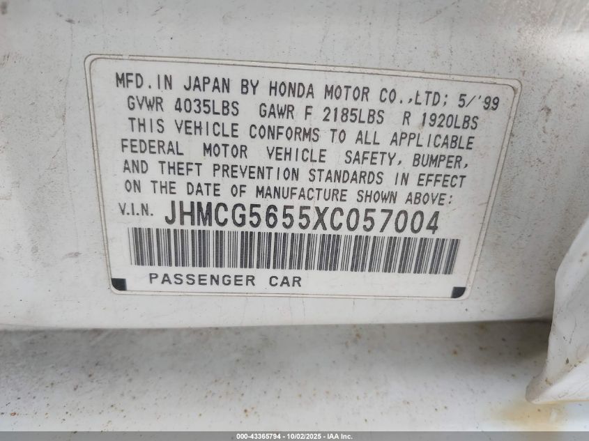 1999 Honda Accord Ex VIN: JHMCG5655XC057004 Lot: 43365794