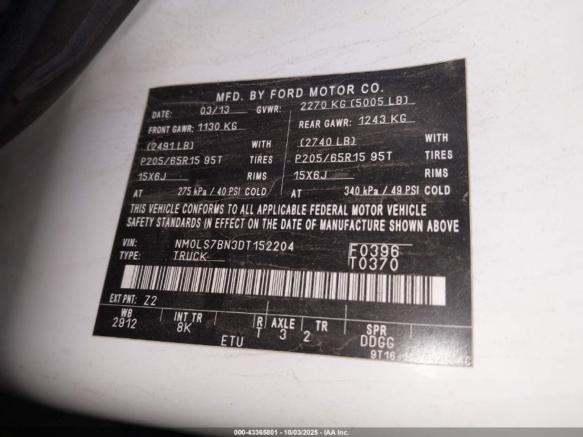 2013 Ford Transit Connect Xlt VIN: NM0LS7BN3DT152204 Lot: 43365801