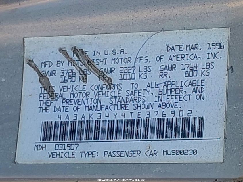 1996 Mitsubishi Eclipse Rs VIN: 4A3AK34Y4TE376902 Lot: 43365802