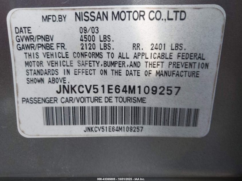 2004 Infiniti G35 VIN: JNKCV51E64M109257 Lot: 43365805