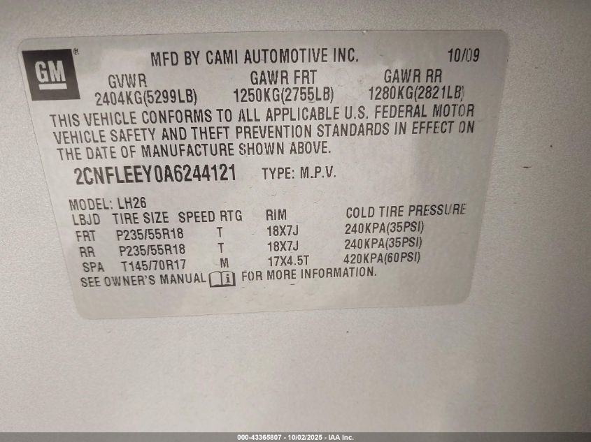 2010 Chevrolet Equinox Lt VIN: 2CNFLEEY0A6244121 Lot: 43365807