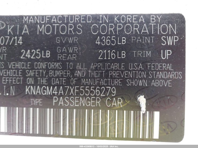 2015 Kia Optima Lx VIN: KNAGM4A7XF5556279 Lot: 43365813