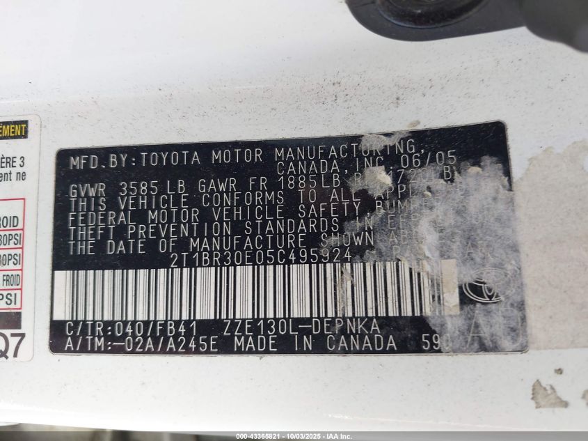 2005 Toyota Corolla Le VIN: 2T1BR30E05C495924 Lot: 43365821