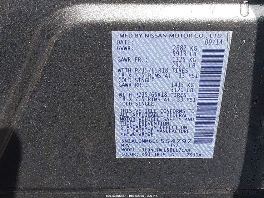 2014 Infiniti Qx60 VIN: 5N1AL0MM6EC554797 Lot: 43365827