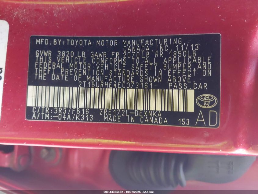 2014 Toyota Corolla Le VIN: 2T1BURHE4EC073161 Lot: 43365832