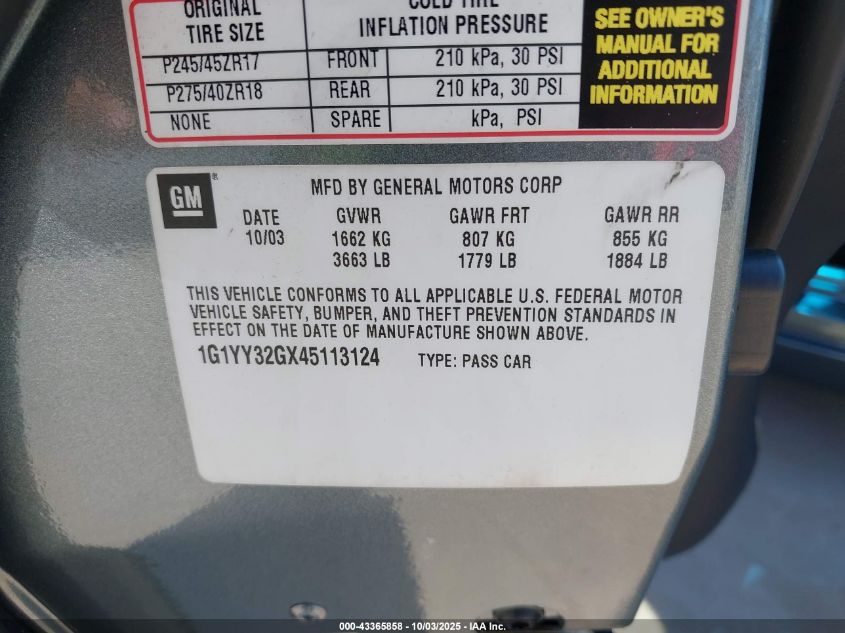 2004 Chevrolet Corvette VIN: 1G1YY32GX45113124 Lot: 43365858