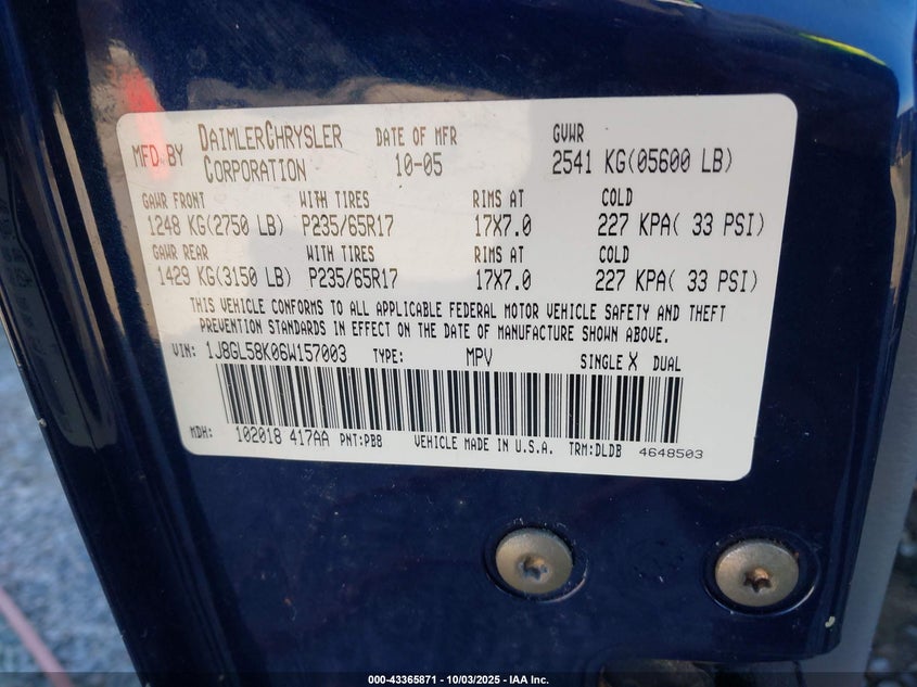 2006 Jeep Liberty Limited Edition VIN: 1J8GL58K06W157003 Lot: 43365871