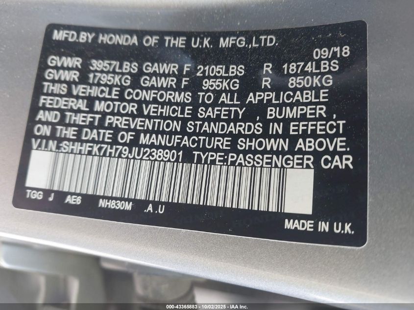 2018 Honda Civic Ex-L VIN: SHHFK7H79JU238901 Lot: 43365883