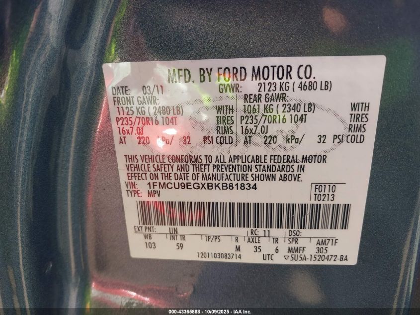 2011 Ford Escape Limited VIN: 1FMCU9EGXBKB81834 Lot: 43365888