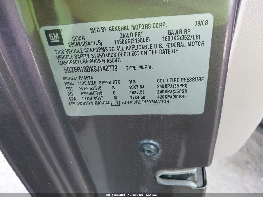 2009 Saturn Outlook Xe VIN: 5GZER13DX9J142779 Lot: 43365891