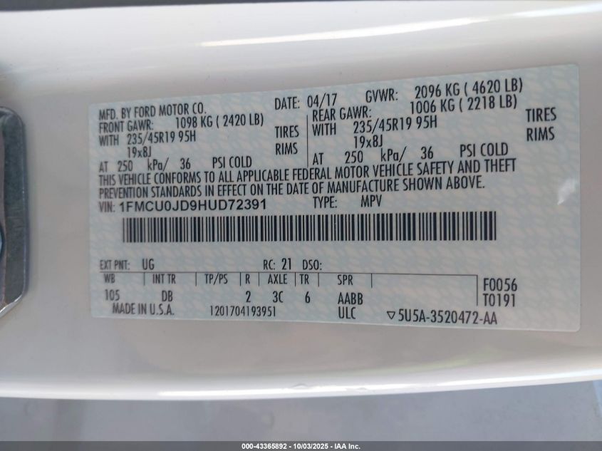 2017 Ford Escape Titanium VIN: 1FMCU0JD9HUD72391 Lot: 43365892