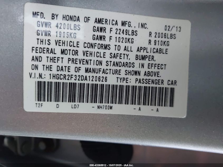 2013 Honda Accord Lx VIN: 1HGCR2F32DA120626 Lot: 43365912