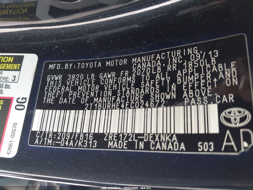 2014 Toyota Corolla Le Plus VIN: 2T1BURHE4EC024672 Lot: 43365914