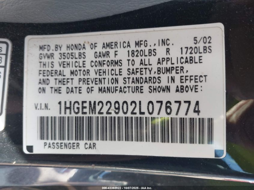 2002 Honda Civic Ex VIN: 1HGEM22902L076774 Lot: 43365922