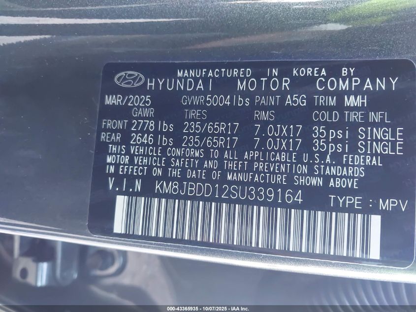 2025 Hyundai Tucson Hybrid Blue VIN: KM8JBDD12SU339164 Lot: 43365935