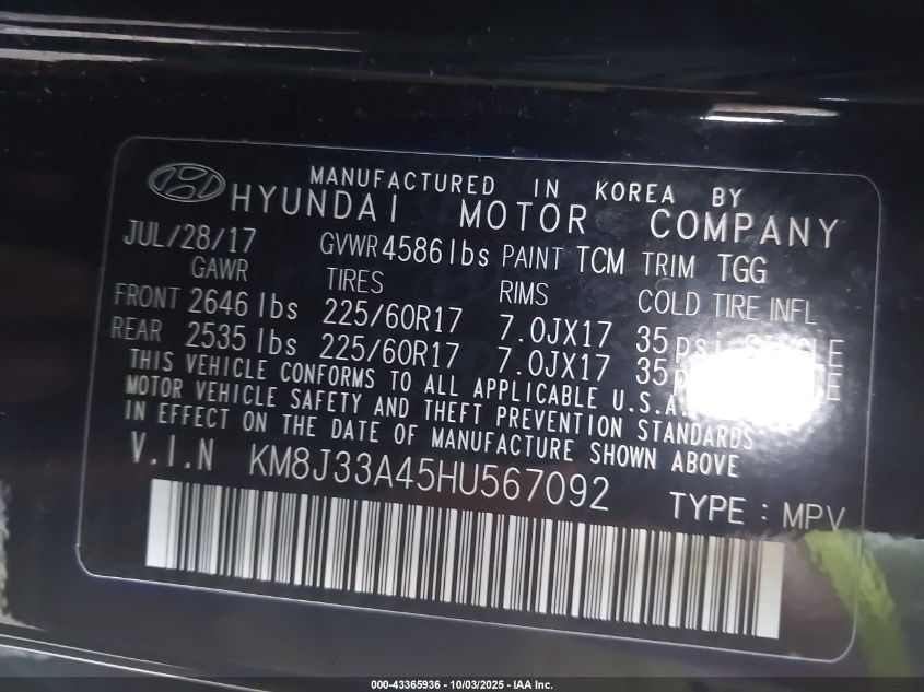 2017 Hyundai Tucson Se VIN: KM8J33A45HU567092 Lot: 43365936