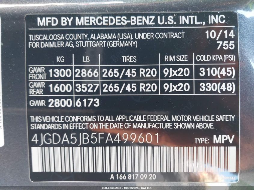 2015 Mercedes-Benz Ml 350 VIN: 4JGDA5JB5FA499601 Lot: 43365938