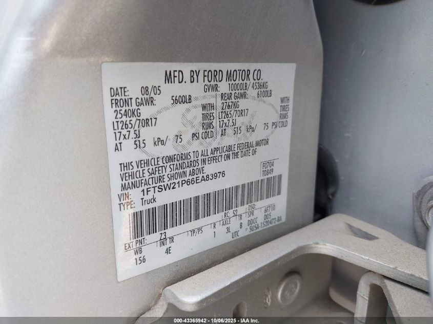 2006 Ford F-250 Lariat/Xl/Xlt VIN: 1FTSW21P66EA83976 Lot: 43365942